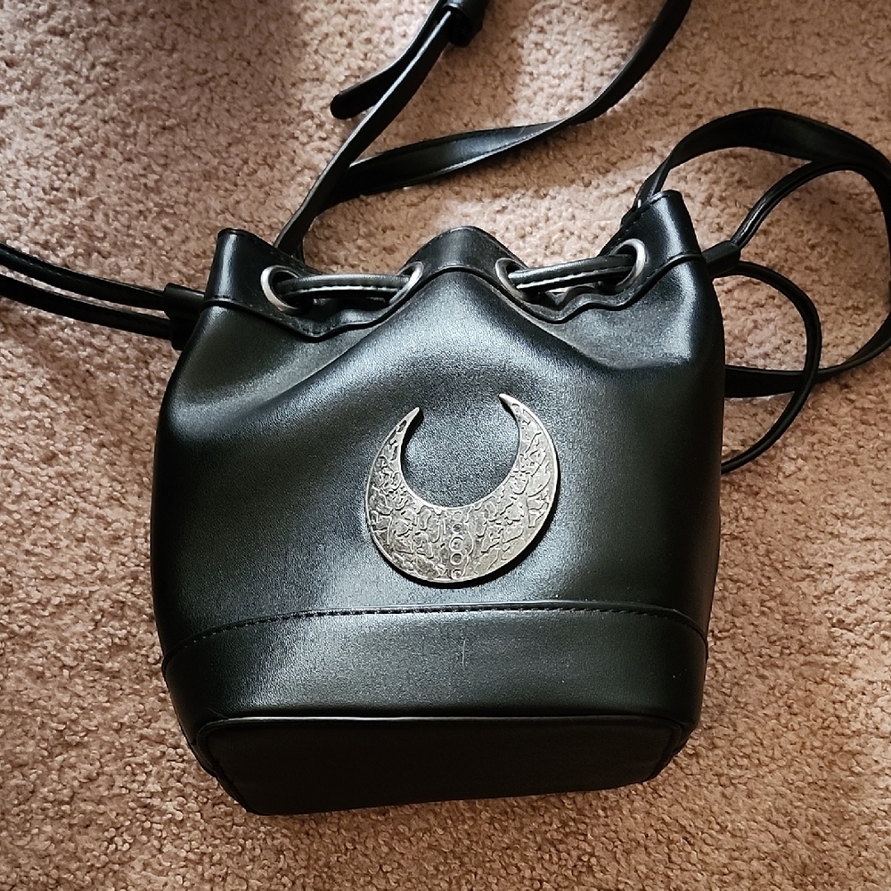 Black Crescent Accent Drawstring Crossbody Bag